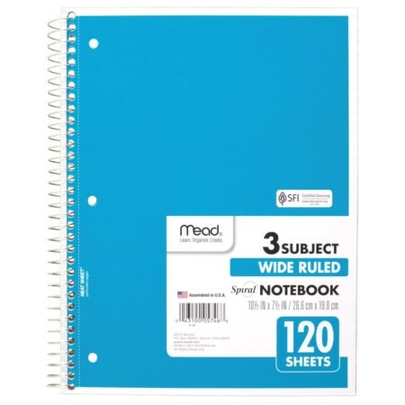 Mead Spiral Notebook, 3-Subject, Wide-Ruled, (COLOR MAY VARY)